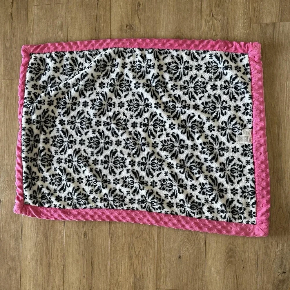 Okie Dokie Damask Baby Blanket Black White Hot Pink Minky Dot Trim Edge 30x40